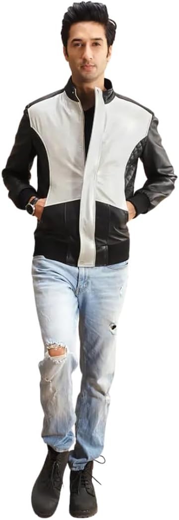Stylish Two-Tone Leather Jacket, Modern Bomber Style with Contrast Panels image 2