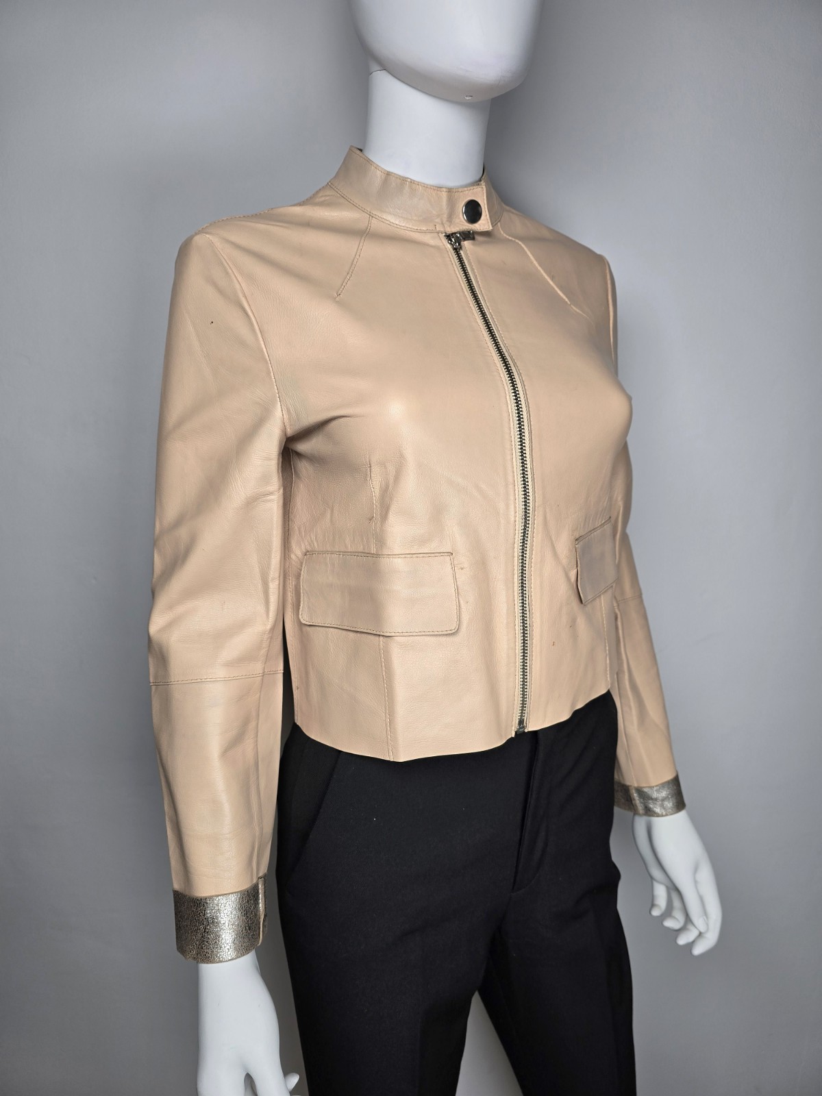 Sportmax Code Beige Leather Jacket with Metallic … - image 2