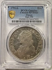 1791-L Bayonne France Ecu Silver Louis XVI Rare 11,000 Mintage PCGS XF Details