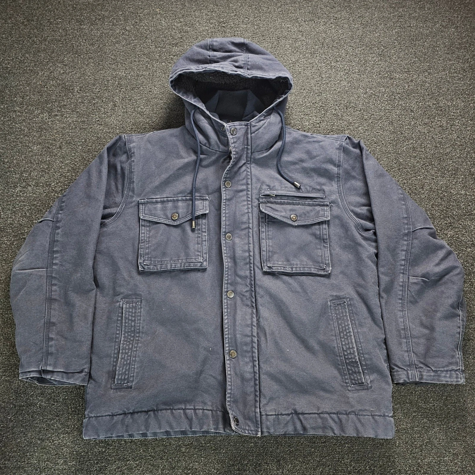 Ruff Hewn Workwear Jacket Mens Medium Sherpa Lined Hooded Duck Canvas Navy Blue