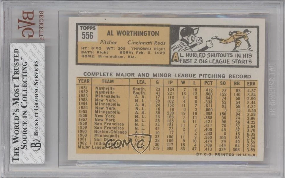 1963 Topps High # Al Worthington #556 BVG 8 - Image 2 of 2