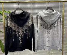 New Men Luxury Diamond Wings Rhinestones Fashion Black Zip Hoodie High Quality