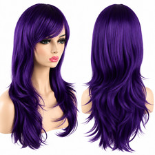 Purple Long Synthetic Wig for Women Layered Bangs Halloween Costume Cosplay Part