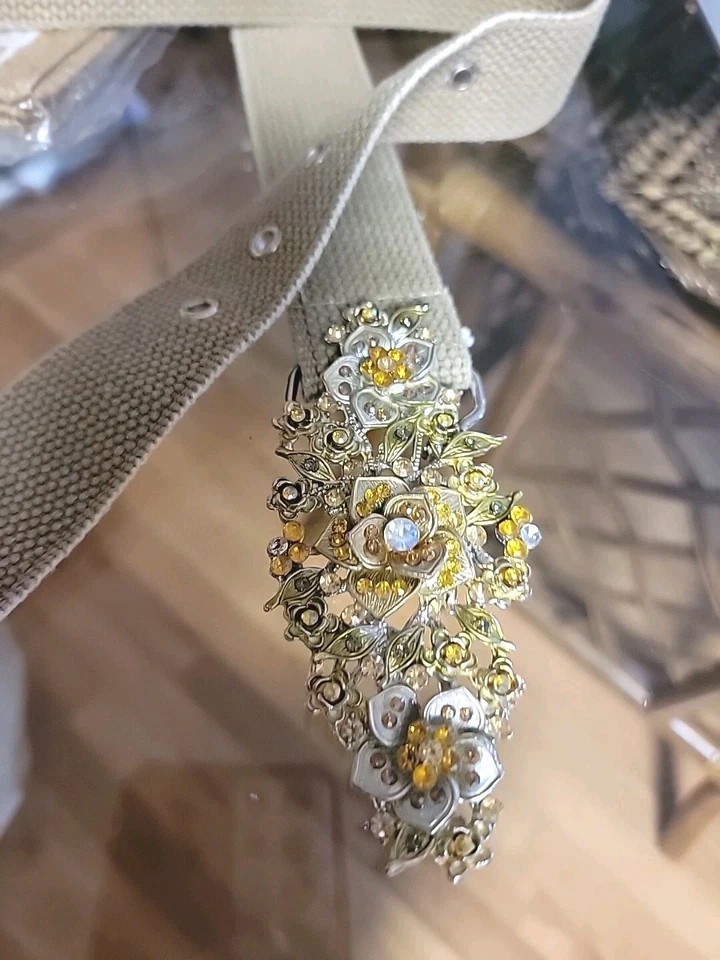 Cinturón de lona accesorio de moda para mujer 42" con hebilla esmaltada con joyas  Foto 3 de 4