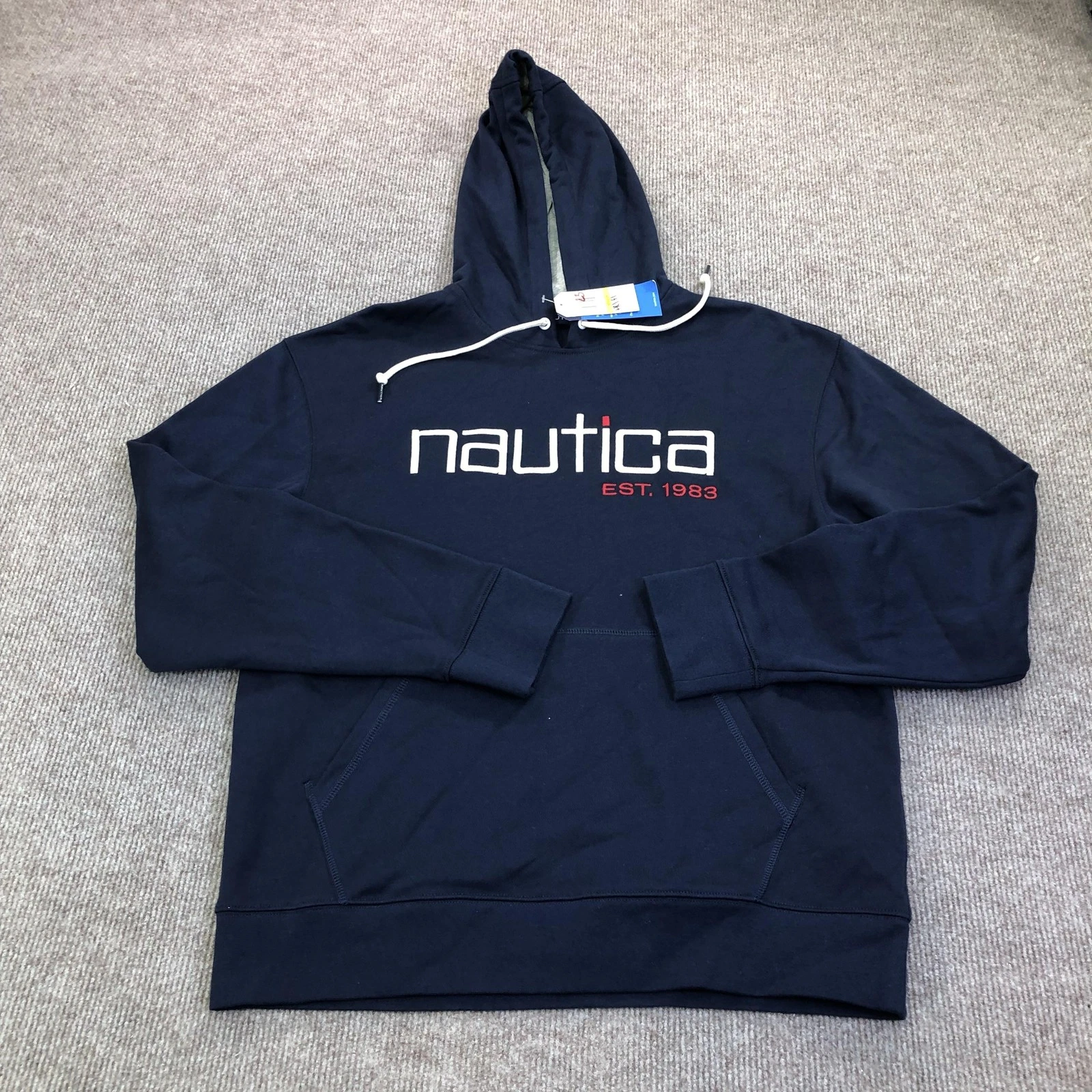 Nautica Hoodie Sweatshirt Mens Medium Blue Fleece Pullover Nautica EST 1983 Logo image 1