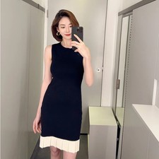 Mini Dress Women’s Spring/Summer Pleated Trim Sleeveless Knitted Elegant Dress 