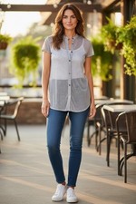 Banana Republic Women Sheer Blue Polka Dot Cap Sleeve Button Down Blouse Size S