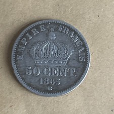 1865 BB France 50 Centimes Coin, Silver 0.835, 18mm