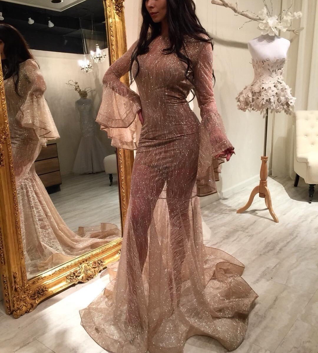 knee length dresses for ladies Sparkly Sequin Sleeveless Deep V Halter Mermaid Long Train Prom Dress main image 0