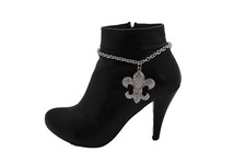 Women Silver Metal Boot Chain Bracelet Shoe Fleur De Lis Lily Charm Work School