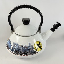 Train Teapot with Whistle Vintage Enamelware Railroad Tea Kettle Engine