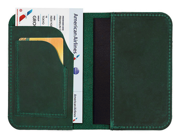Cow leather bifold passport holder wallet with card slots - green H263