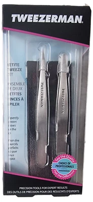 Tweezerman Petite Tweezer Set. Slant & Point Tip Tweezers + Black Leather Case
