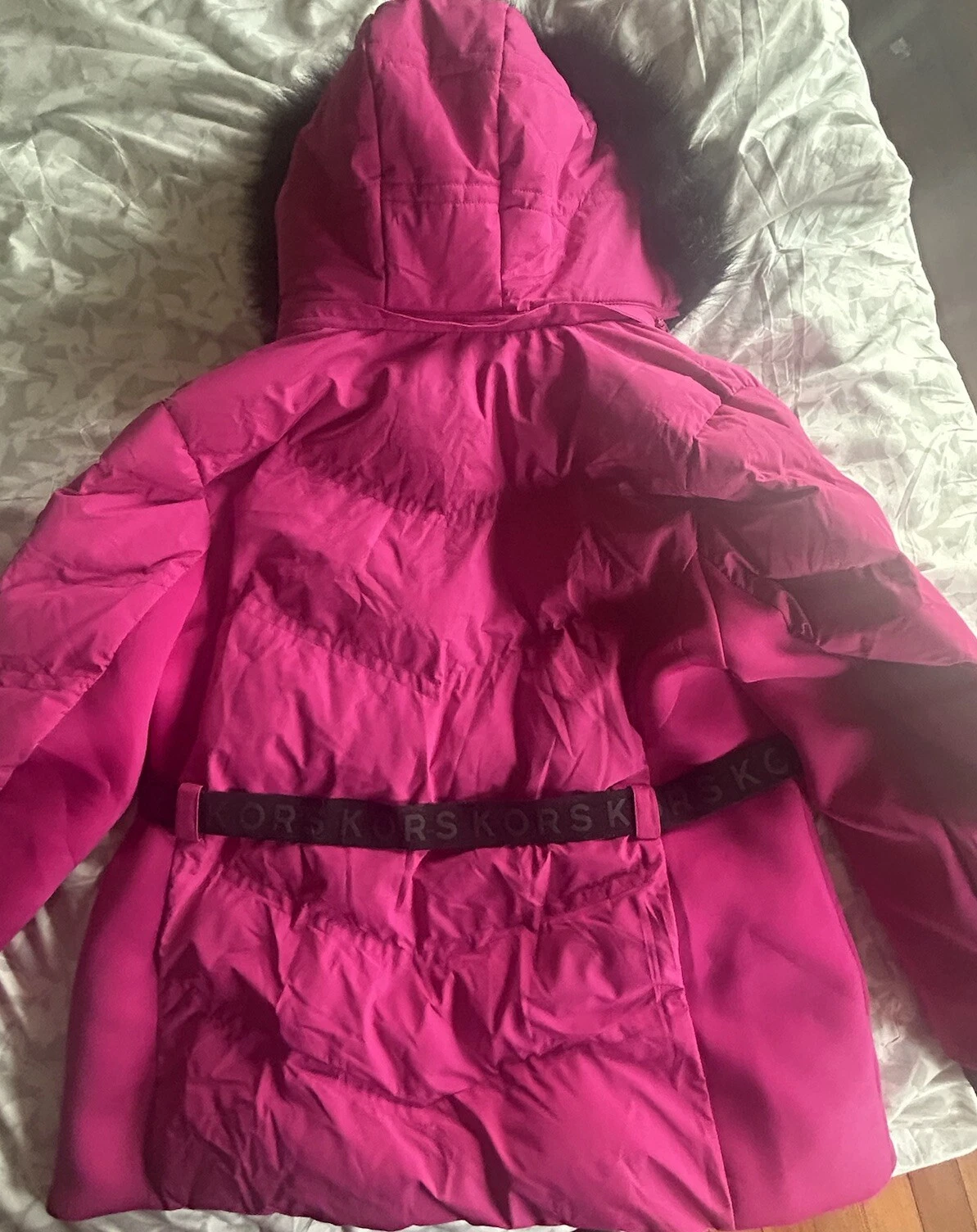MICHAEL KORS donna 3XL rosa fucsia puffer scooba giacca con cintura cappuccio pelliccia sintetica MK