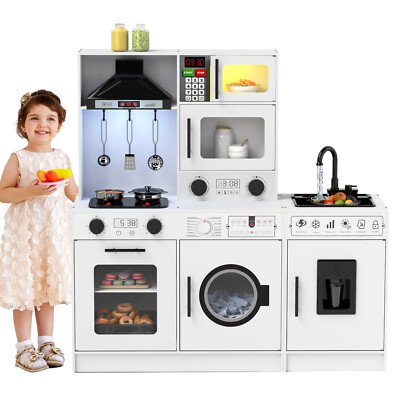 Wooden Kids Pretend Play Kitchen Set Toddler Toy Real Running Water,Sound,Lights