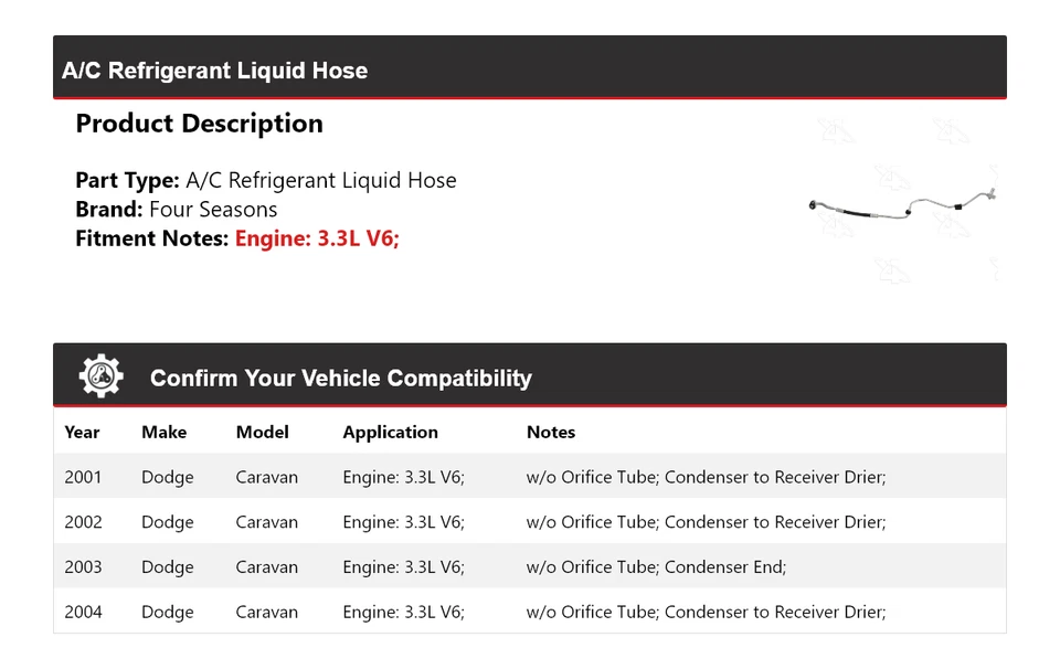 Manguera líquida refrigerante aire acondicionado V6 3,3 L Dodge Caravan 2001-2004 4 estaciones 2002 Foto 2 de 4