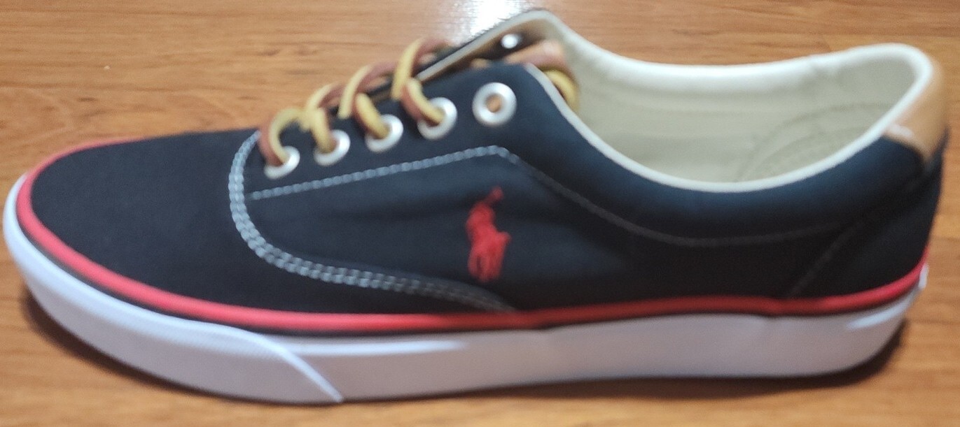 Nuove scarpe polo Ralph Lauren da uomo 9 5 nere rosse Keaton pony in pelle