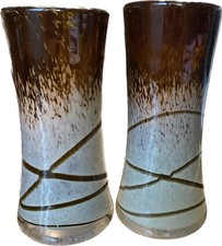 Pair of 2 Hand Blown Art Glass Amber Brown Marbled Swirl Stripe Flower Vases