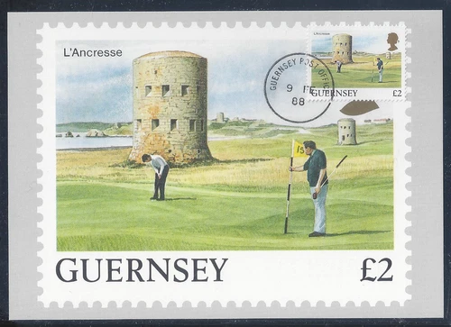 GB: 5 PHQ cards for Guernsey Definitives FDC 9 Feb 1988. Golfers on 2 GBP  stamp