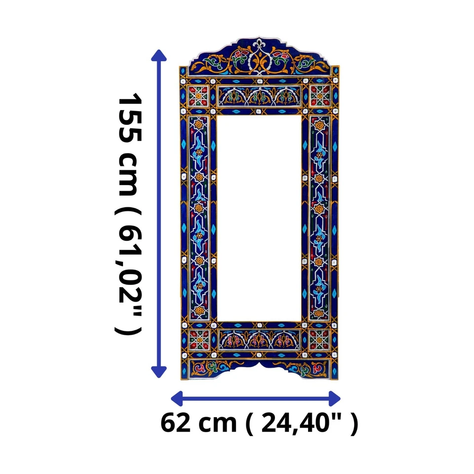 Marco de espejo pintado a mano de madera marroquí de longitud completa inclinado azul marino 61" x 24" Foto 4 de 4