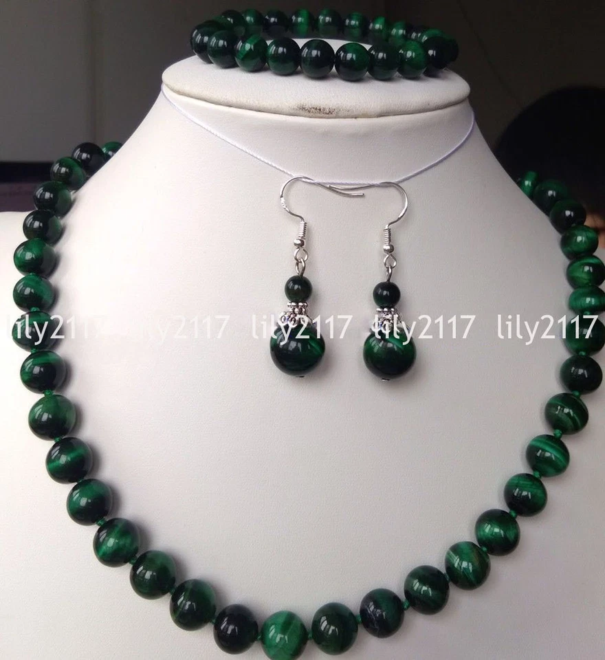 Conjunto de pendientes collar gemas redondas ojo de tigre verde natural 6/8/10/12 mm Foto 3 de 3