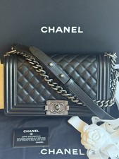 CHANEL Black Quilted Caviar Leather Old Medium Boy Bag CC Ruthenium Hardware