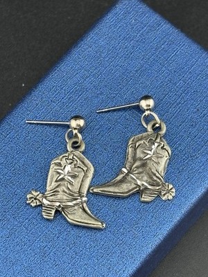 Cowgirl Boots Spurs Star Pewter VTG EGE 1992 Shoe Signed Stud Dangle Earrings