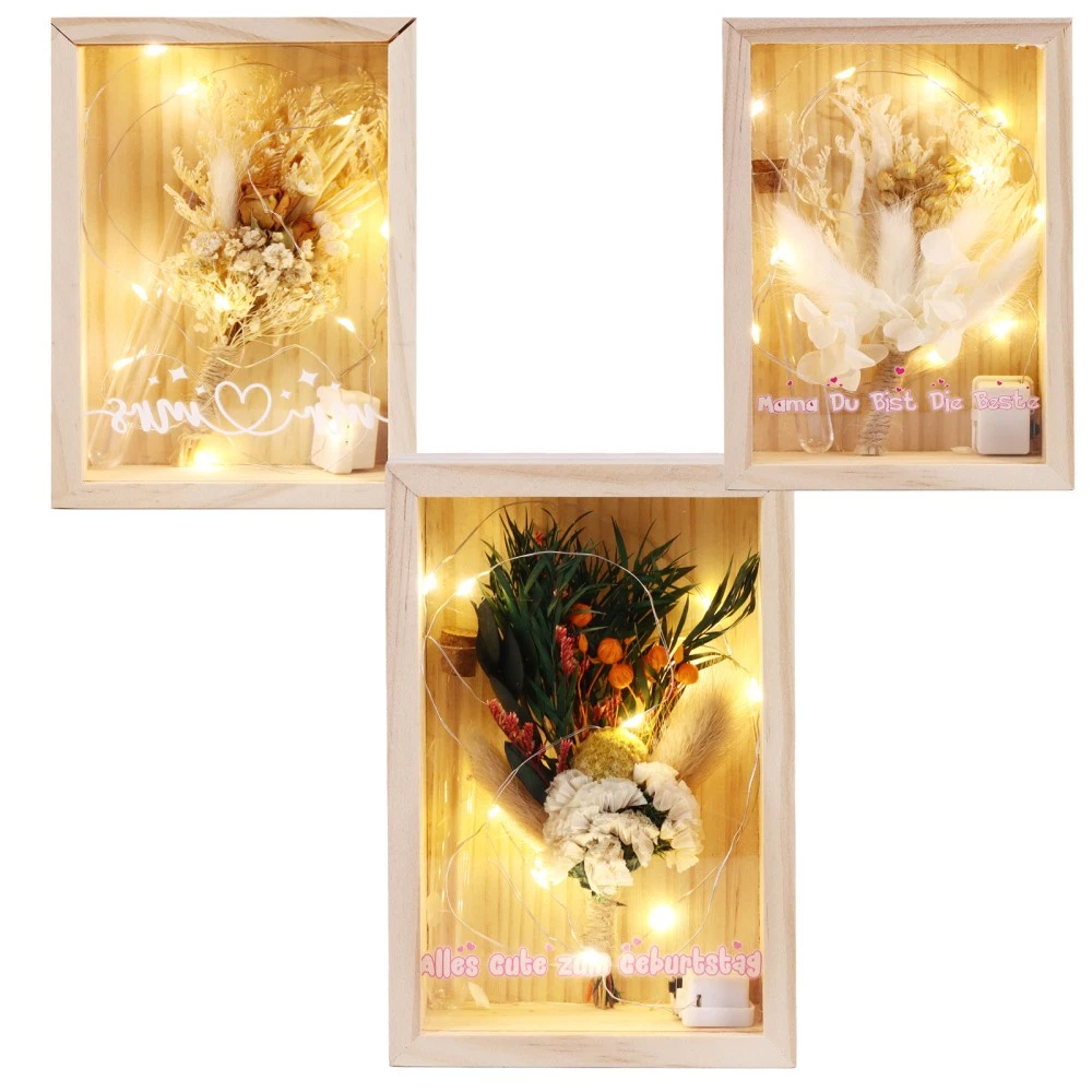 Hochzeit Muttertag Geburtstagsgeschenk Trockenblumenstrauß Massivholzbox mit LED