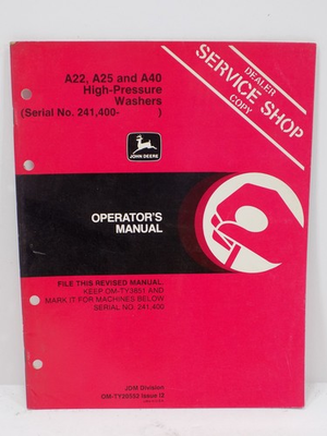 #ad John Deere A22 A25 A40 High Pressure Washers OM TY20552 Issue I2 Shop Copy $11.95