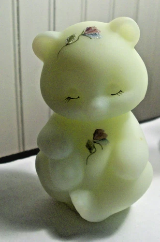 Fenton satin custard glass bear floureses Hand Pnt'd pansies signed C Griffittis