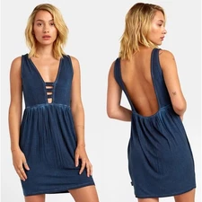 RVCA NEW Aries Mineral Wash Indigo Blue Plunging V-Neck Open Back Dress Large