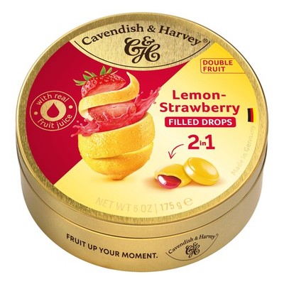 | Double Fruit Drops   Lemon with Strawberry Filling | 175g 6 ounce Tin