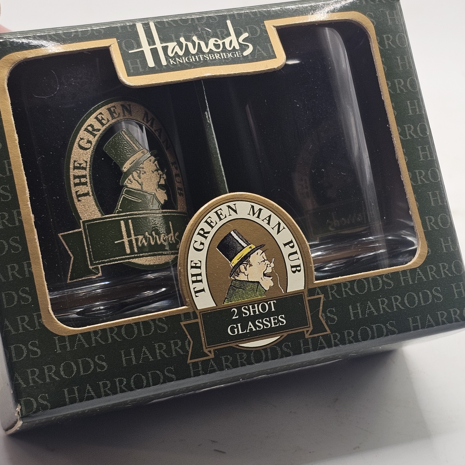 Harrods Department Store Green Man Pub  UK London Souvenir Shot Glass 2 Box