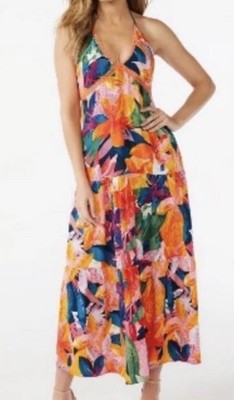 Sofia Vergara Halter Dress Plunge Neck Bow Tie In Back Maxi Pockets XXL NWT BOHO