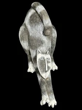 Vtg Marsha McCarthy Signed Stretching Cat Sculpture, 10" Resin Blue Eyes Gray