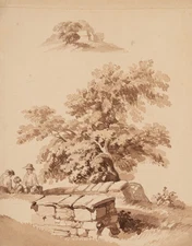 Peasants on Small Stone Bridge, Brush Drawing Romance Unknown (19th Century)