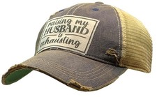 Vintage Life "Raising My Husband is Exhausting" Distressed Trucker Cap, Navy