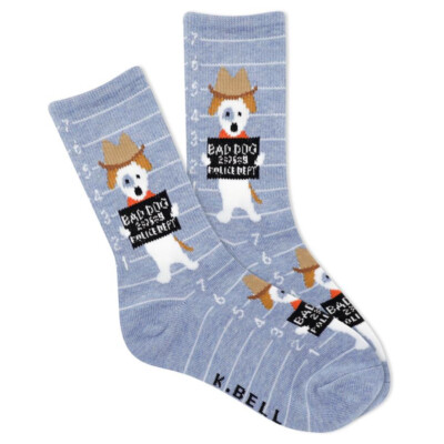 K. Bell Kid's Bad Dog Crew Socks 1 Pair, Grey Heather, Kid's Shoe 7-8.5