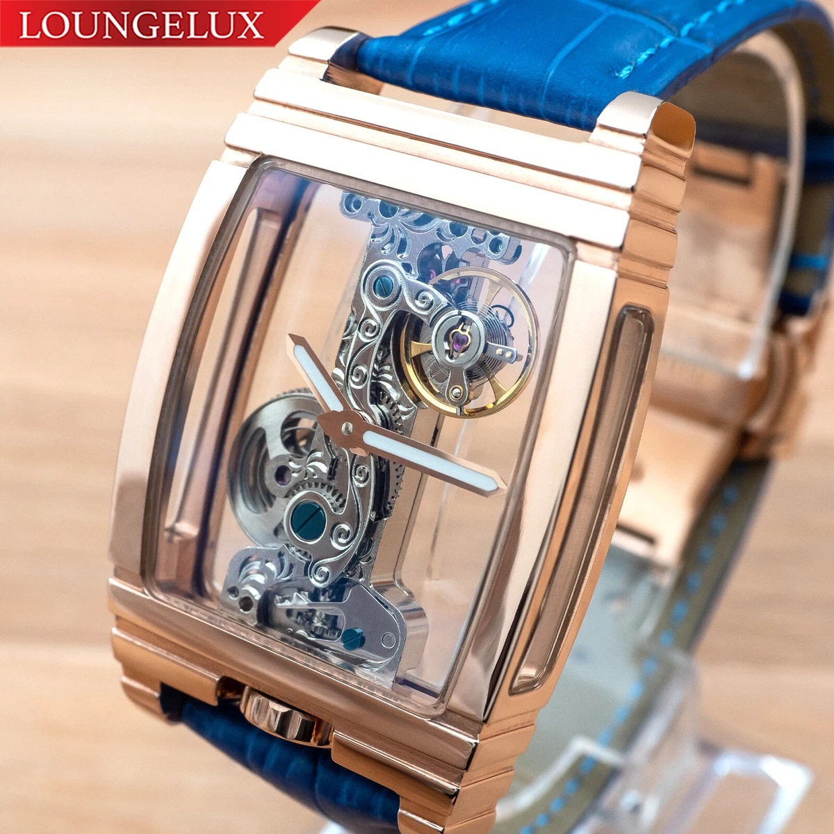 Mens Rose Gold Bridge Manual Mechanical Watch Blue Leather