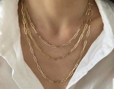 18K Gold Paperclip Necklace Rectangle Link Chain Oval Elongated Link neck 18-20"