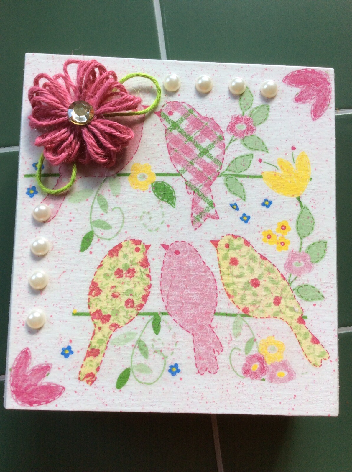 Decoupaged Wooden Jewelry Box Splatter Painted Pink with Hand Decorated Birds  -image