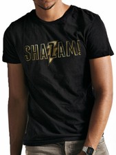 Image of OFFICIAL DC COMICS - SHAZAM (CAPTAIN MARVEL) LOGO GOLD FOIL PRINT BLACK T-SHIRT