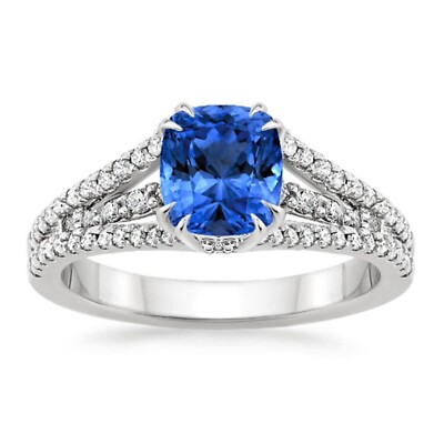 1.75Ct Cushion Natural Sapphire Diamond Proposal Ring 14K Solid White Gold Size6
