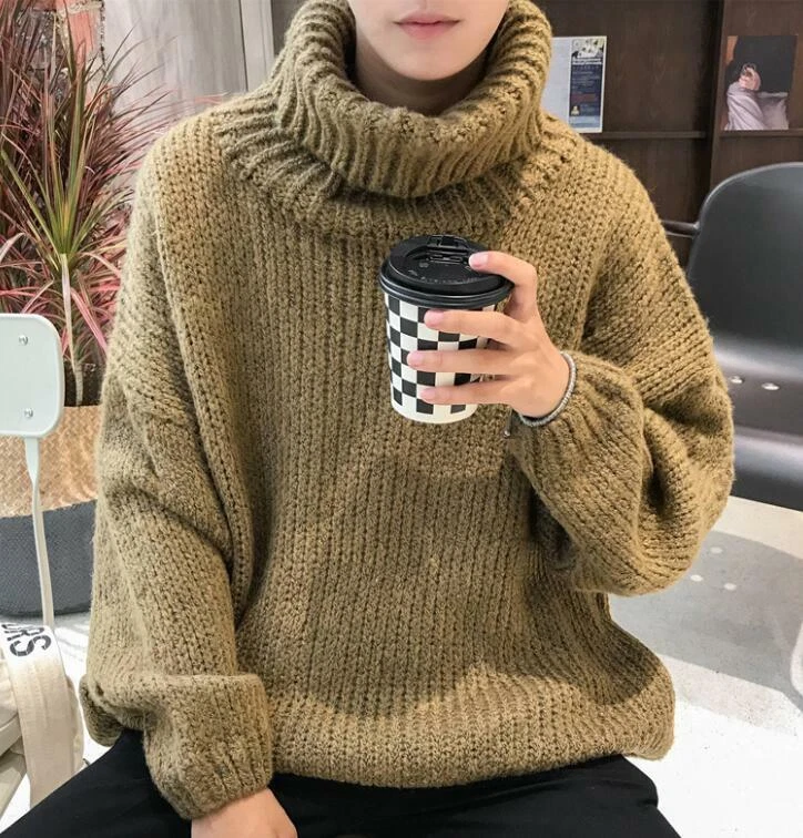 Men Cotton Blend Korean Turtleneck Loose Knitted Sweaters Pullover Casual Jumper