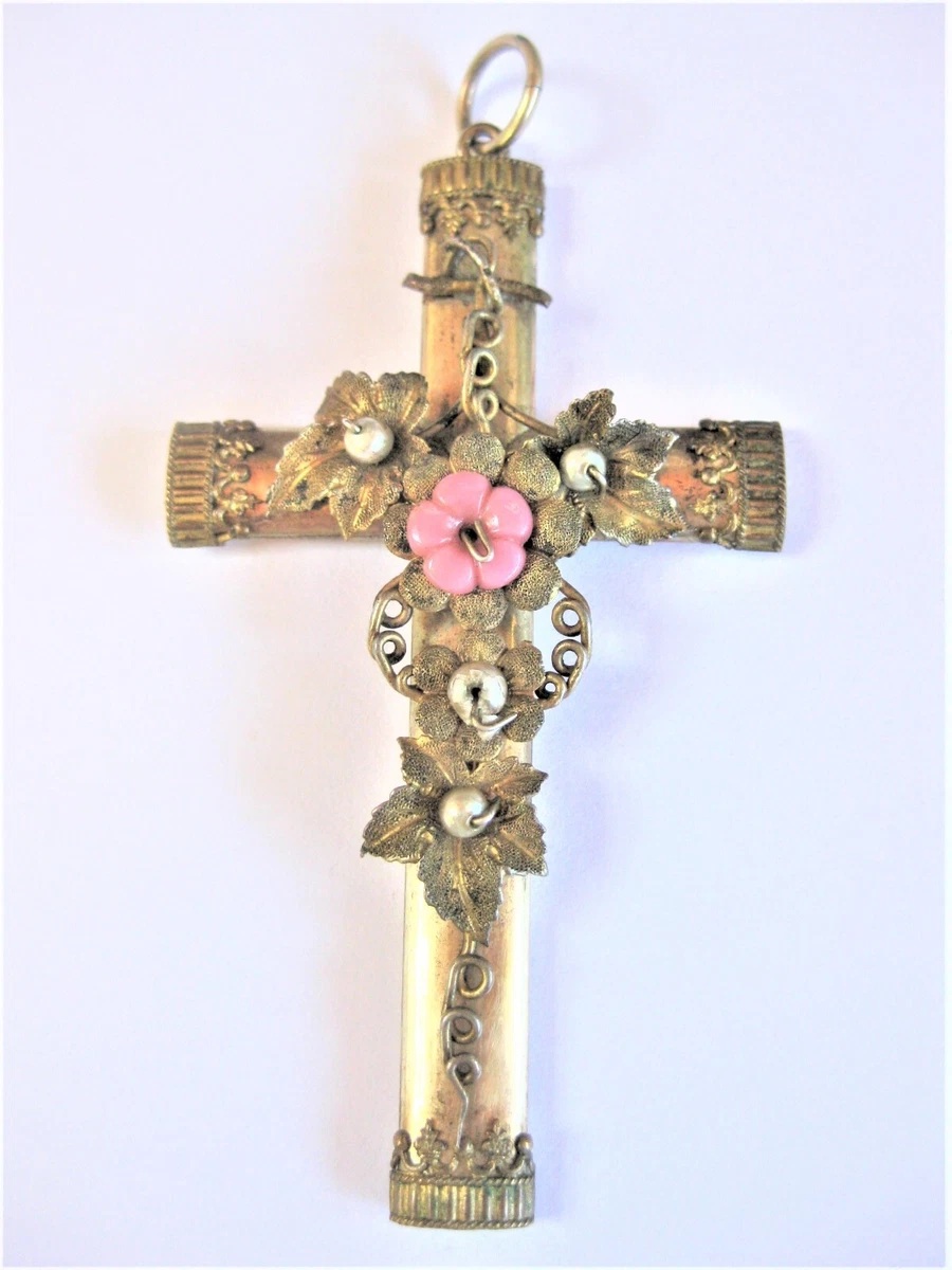 Collier Croix En Argent 925 Avec Rubis Synthétique - Bijou Vintage Des Années 50/60, Pour Femme