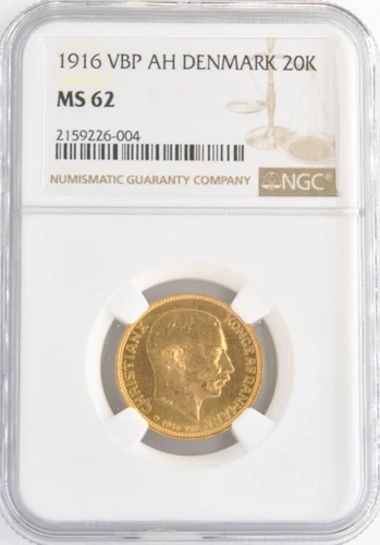 Denmark 1916 VBP,AH 20 Kroner Christian X .900 Gold NGC Graded MS62 Coin