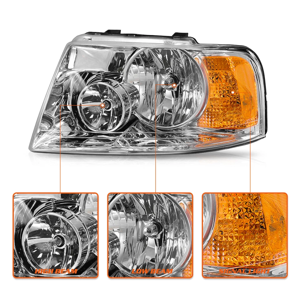 Conjunto de par de faros para Ford Expedition 2003-2006 carcasa cromada con bombillas Foto 4 de 4