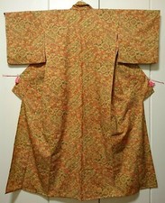 Woman Japanese Kimono Komon Synthetic Red Flowers Seigaiha Arabesque