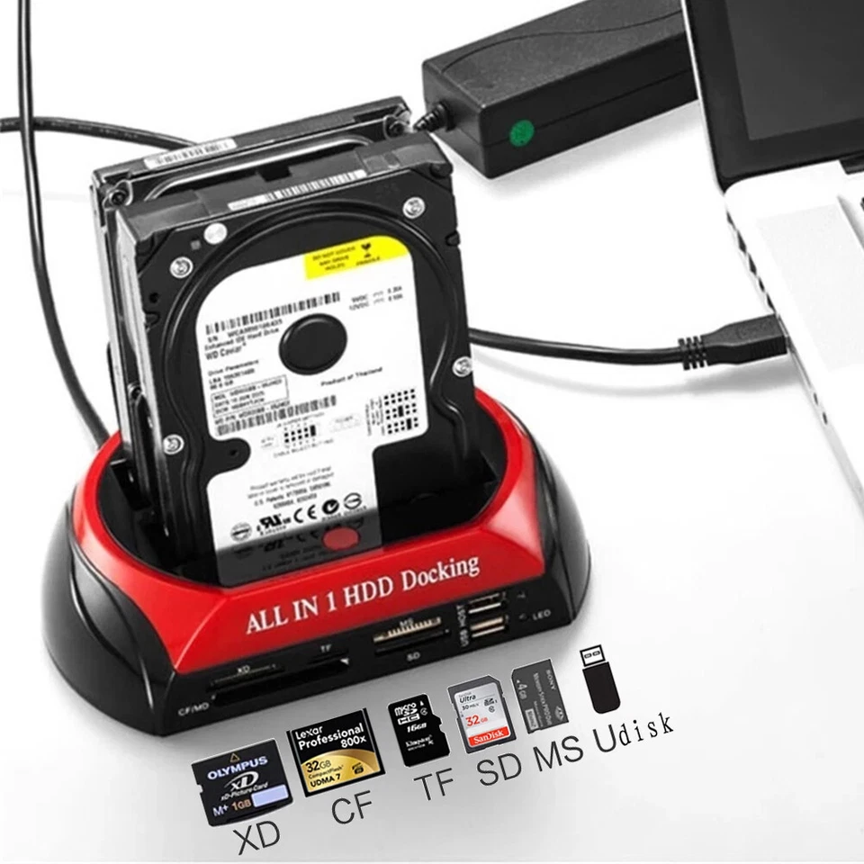 2.5" 3.5" HDD Docking Station w/Card Reader USB 2.0 SSD IDE SATA Hard Drive Dock - Image 3 of 4