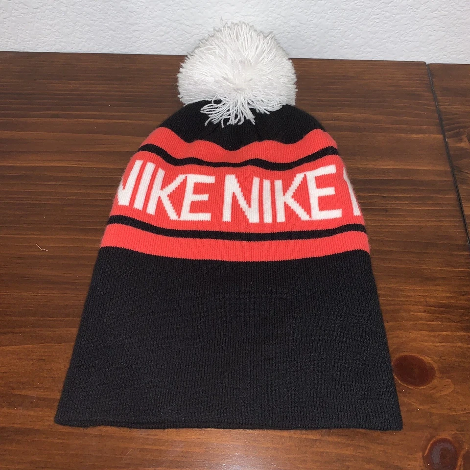 ВИНТАЖНЫЙ Nike с манжетами Pom Pom Beanie черный красный один размер хлопок открытый бегун A1 - Изображение 4 из 4